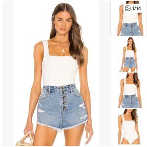 Princess Polly White Ribbed Bodysuit With Square Neckline & Sleeveless Design Si